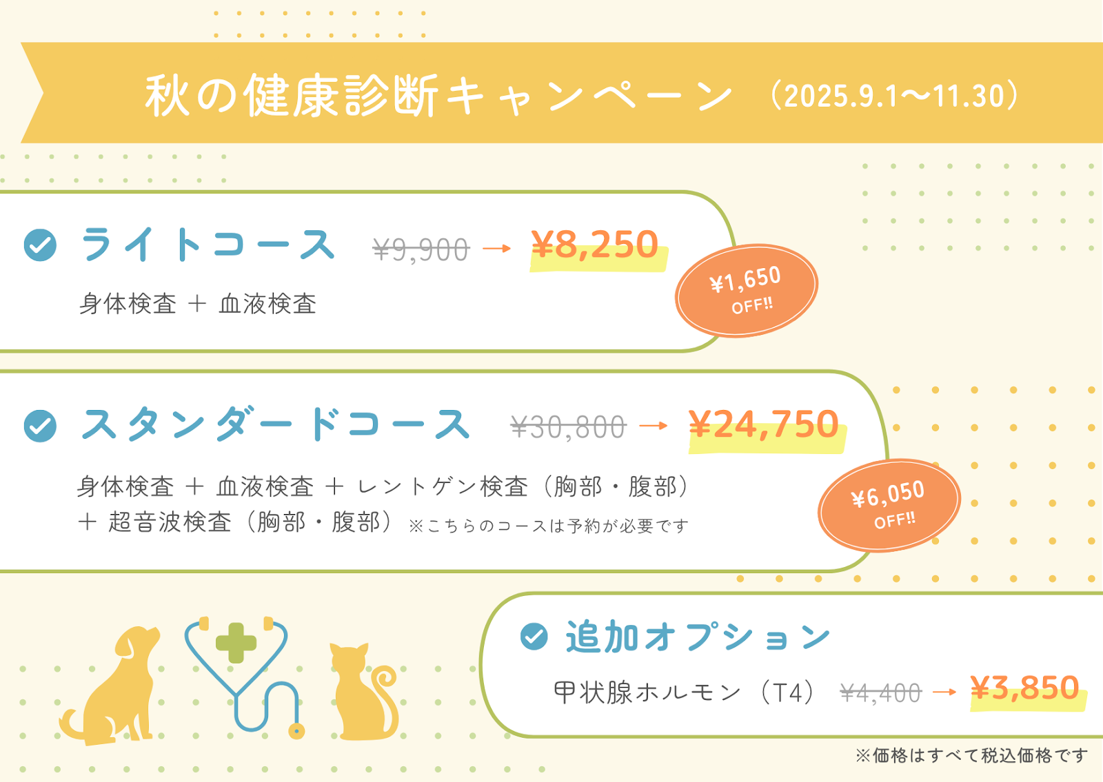 秋の健康診断キャンペーン（2025年9月1日〜11月30日） ライトコース（身体検査＋血液検査）が9,900円→8,250円、スタンダードコース（身体検査＋血液検査＋レントゲン＋超音波）が30,800円→24,750円、追加オプションの甲状腺ホルモン検査（T4）が4,400円→3,850円。すべて税込価格。